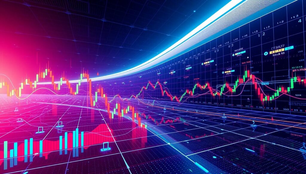 A vibrant, high-resolution image depicting the dynamic patterns of high trading volume in the cryptocurrency market. The foreground showcases a captivating visualization of candlestick charts and trading volume bars, with bold colors and sharp contrasts. The middle ground features a complex network of interconnected price lines, volume indicators, and technical analysis tools, all rendered in a clean, futuristic style. The background immerses the viewer in a sleek, minimalist environment, with subtle hints of digital grids and abstract geometric shapes, creating a sense of technological sophistication. The lighting is crisp and evenly distributed, casting a sense of clarity and precision. The overall composition conveys the excitement and complexity of high-volume cryptocurrency trading. A vibrant, high-resolution image depicting the dynamic patterns of high trading volume in the cryptocurrency market. The foreground showcases a captivating visualization of candlestick charts and trading volume bars, with bold colors and sharp contrasts. The middle ground features a complex network of interconnected price lines, volume indicators, and technical analysis tools, all rendered in a clean, futuristic style. The background immerses the viewer in a sleek, minimalist environment, with subtle hints of digital grids and abstract geometric shapes, creating a sense of technological sophistication. The lighting is crisp and evenly distributed, casting a sense of clarity and precision. The overall composition conveys the excitement and complexity of high-volume cryptocurrency trading.