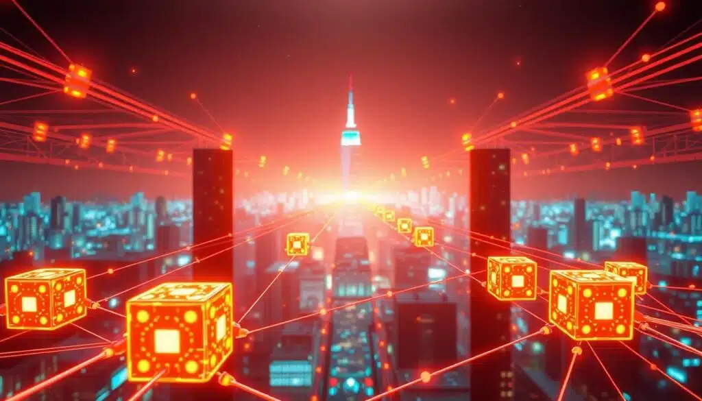 A vibrant, high-resolution rendering of a blockchain transaction process. In the foreground, a series of interconnected blockchain nodes, each represented by a glowing cube, engage in a dynamic exchange of data. In the middle ground, a colorful flow of transaction information cascades between the nodes, illuminated by a warm, diffused lighting. In the background, a sleek, minimalist cityscape serves as a backdrop, symbolizing the global and decentralized nature of the blockchain network. The scene is captured from an overhead angle, conveying a sense of complexity and interconnectedness. The overall mood is one of technological sophistication and innovation.