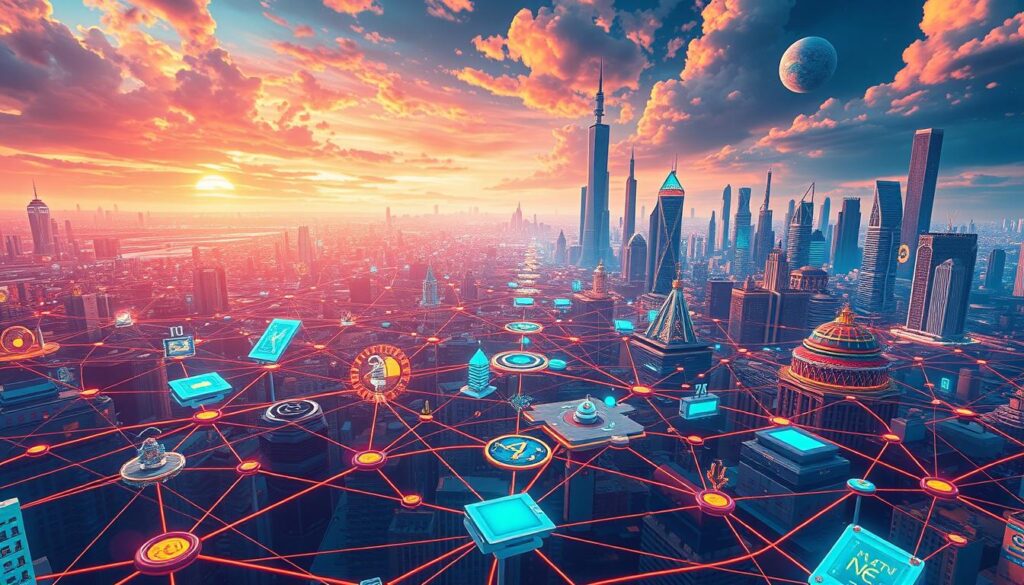 A vibrant, hyper-detailed illustration depicting the expansive NFT ecosystem. In the foreground, a sprawling network of interconnected nodes and pathways, representing the diverse platforms, marketplaces, and applications that enable the creation, trading, and curation of non-fungible tokens. The middle ground showcases various NFT-powered experiences, from virtual art galleries and gaming environments to decentralized finance platforms. In the background, a dynamic skyline of towering skyscrapers and futuristic architectural elements, symbolizing the technological and economic infrastructure that underpins the NFT revolution. The scene is bathed in a warm, otherworldly glow, creating a sense of immersion and innovation. Cinematic lighting and a wide-angle lens emphasize the scale and complexity of this AI-driven, blockchain-powered ecosystem.