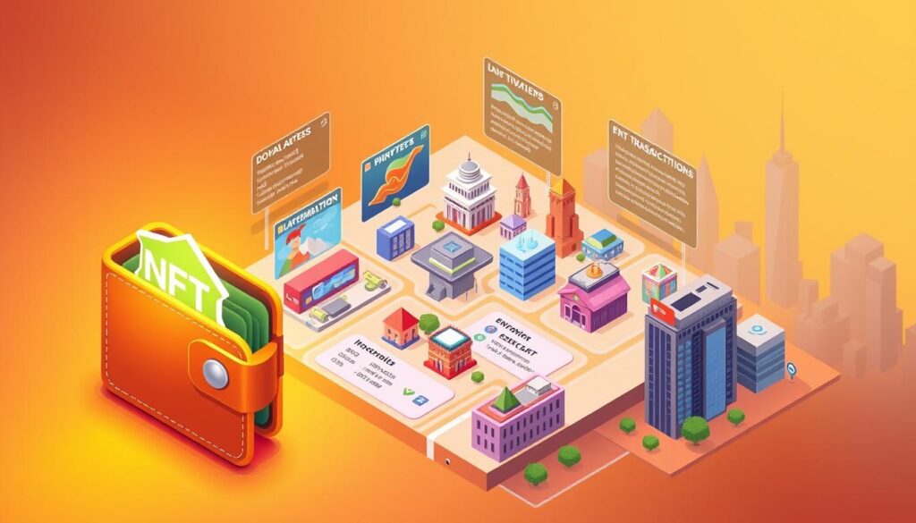 A vibrant, isometric illustration depicting the key concepts of NFT taxation. In the foreground, a stylized digital wallet with a glowing NFT icon, symbolizing the ownership and transactions. The middle ground showcases a variety of NFT assets, from digital art to virtual real estate, accompanied by data visualizations highlighting the applicable tax implications. The background features a cityscape of skyscrapers, subtly hinting at the broader financial landscape. The overall scene is bathed in a warm, inviting color palette, with strategically placed lighting to accentuate the details. The illustration conveys a sense of depth, balance, and visual harmony, guiding the viewer through the fundamentals of NFT tax considerations.