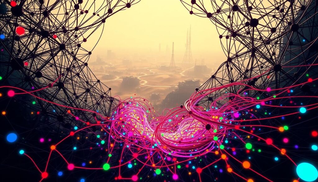 A vibrant network of interconnected nodes, pulsing with the energy of countless transactions. In the foreground, a swirling vortex of colorful shapes and lines, representing the congestion and high gas fees that plague the network. Shadows and highlights dance across the scene, creating a sense of depth and movement. In the background, a hazy, ethereal landscape of blockchain infrastructure, with towering towers and winding pathways. The overall mood is one of tension and urgency, reflecting the challenges faced by users navigating the complex world of NFT minting and gas fees.