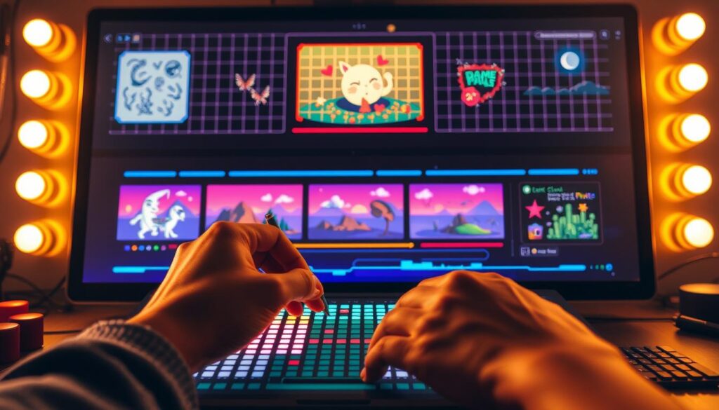 A vibrant pixel art creation process, showcasing the step-by-step workflow. In the foreground, an artist's hands skillfully manipulate a digital canvas, meticulously placing pixels to form intricate shapes and patterns. The middle ground features a sequence of scenes depicting the various stages of pixel art creation, from initial sketching to digital coloring and final polishing. The background showcases a retro-inspired aesthetic, with a glowing grid backdrop and a subtle chromatic gradient providing depth and a sense of digital space. Warm lighting illuminates the scene, casting a nostalgic glow and highlighting the artistic process. The overall composition conveys the joy and creativity inherent in the pixel art medium.