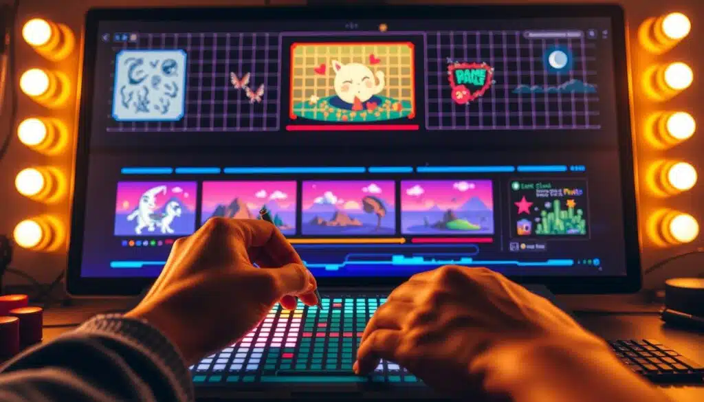 A vibrant pixel art creation process, showcasing the step-by-step workflow. In the foreground, an artist's hands skillfully manipulate a digital canvas, meticulously placing pixels to form intricate shapes and patterns. The middle ground features a sequence of scenes depicting the various stages of pixel art creation, from initial sketching to digital coloring and final polishing. The background showcases a retro-inspired aesthetic, with a glowing grid backdrop and a subtle chromatic gradient providing depth and a sense of digital space. Warm lighting illuminates the scene, casting a nostalgic glow and highlighting the artistic process. The overall composition conveys the joy and creativity inherent in the pixel art medium.
