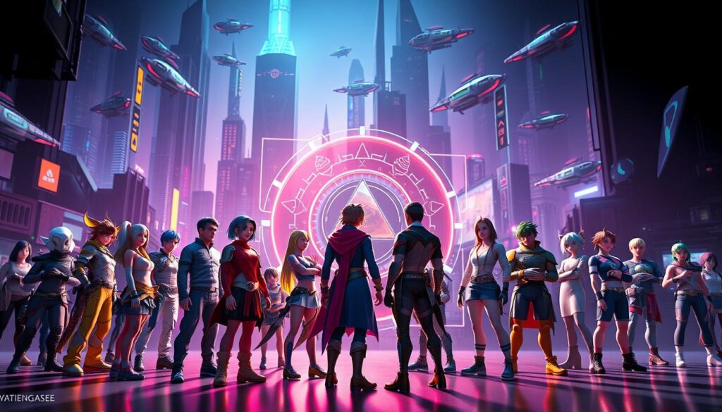 A vibrant, ray-traced scene depicting the interoperability of gaming NFTs. In the foreground, a group of colorful, detailed 3D characters from different virtual worlds stand together, seamlessly interacting. In the middle ground, a shimmering, holographic interface showcases the cross-compatibility of their unique NFT avatars, items, and in-game assets. The background features a futuristic, neon-lit cityscape with towering skyscrapers and floating vehicles, hinting at the expansive, interconnected metaverse. Cinematic lighting casts dramatic shadows, creating a sense of depth and drama. The overall mood is one of technological wonder, digital innovation, and the boundless potential of a unified gaming ecosystem.