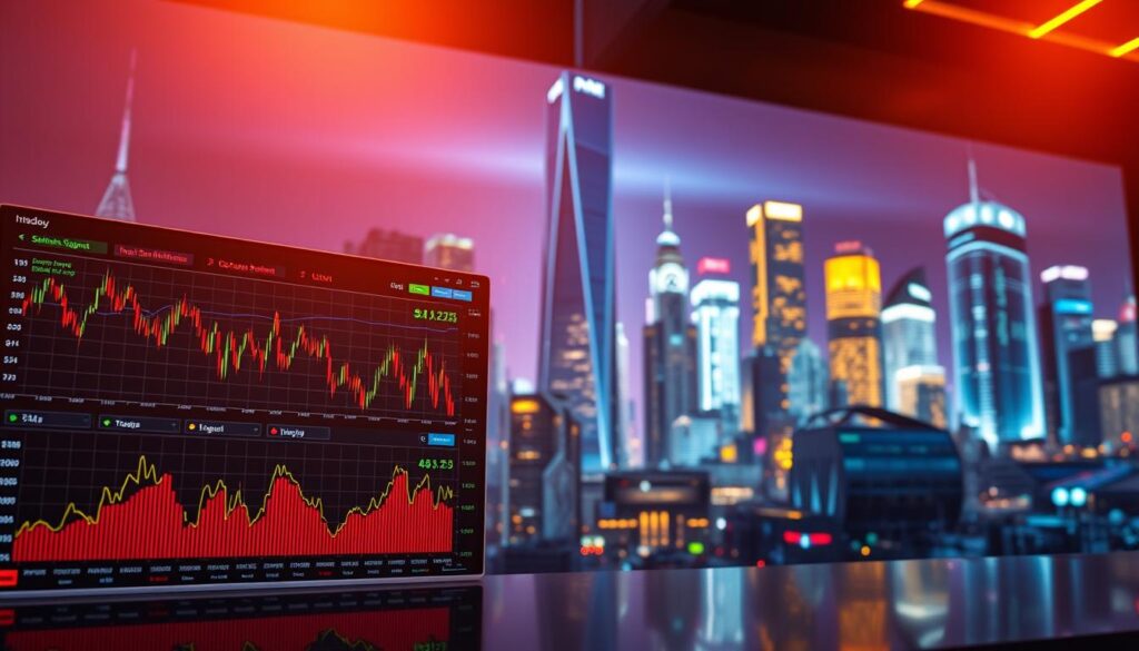 A vibrant trading dashboard showcasing real-time intraday sentiment signals. In the foreground, a series of dynamic charts and graphs depicting shifting market sentiment, with color-coded indicators and intuitive visualizations. The middle ground features a stylized stock ticker, its digital display pulsing with live data. In the background, a sleek, futuristic cityscape with neon-lit skyscrapers, reflecting the energy and volatility of the financial markets. Warm, diffused lighting illuminates the scene, creating a sense of urgency and anticipation. The entire composition conveys the power of AI-driven sentiment analysis to empower traders and investors, transforming complex data into actionable insights.