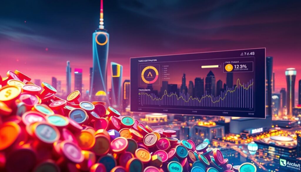 A vibrant, visually striking image of token distribution, showcasing the flow and dynamics of a cryptocurrency ecosystem. In the foreground, a cascading stream of multicolored tokens, each with a unique geometric shape, representing the distribution of digital assets. The midground features a sleek, minimalist data visualization dashboard, displaying key metrics such as supply, price stability, and market liquidity. In the background, a futuristic cityscape with towering skyscrapers and a vibrant, neon-lit skyline, symbolizing the broader technological and economic landscape. The lighting is crisp and dramatic, with a mix of cool and warm tones, creating a sense of depth and emphasizing the technological sophistication of the scene. The overall composition conveys the importance of tokenomics and its impact on the stability and growth of a cryptocurrency project.