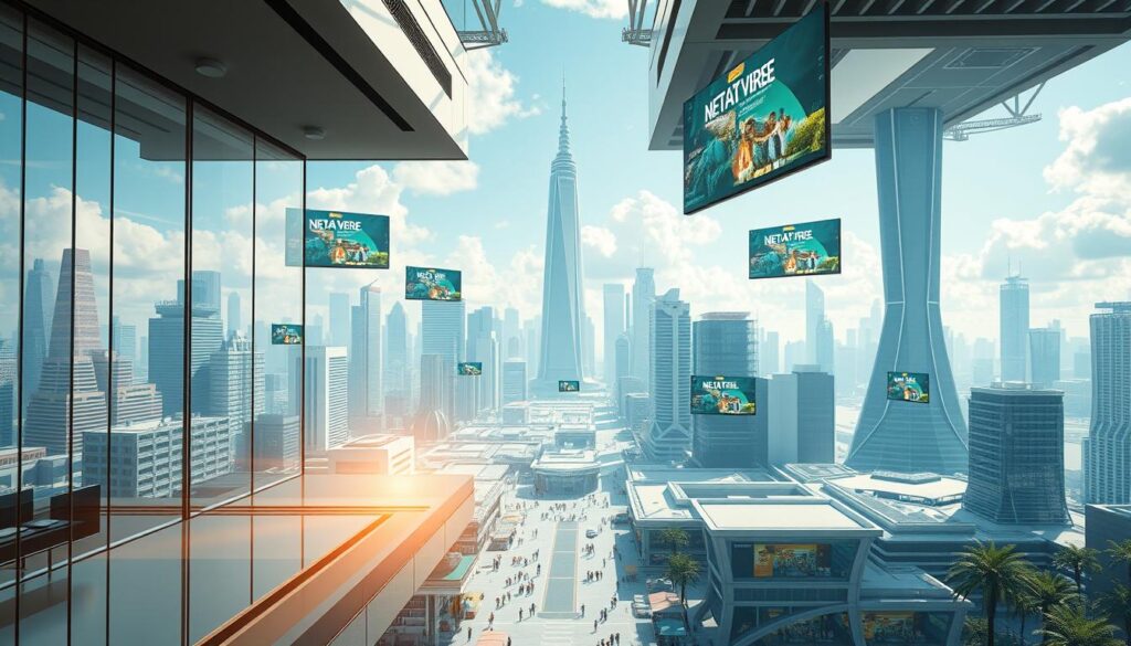 A virtual landscape of metaverse NFT properties, with futuristic skyscrapers and holographic billboards floating in the air. The foreground showcases a sleek, glass-walled apartment with a panoramic view of the virtual cityscape. Sunlight streams through the windows, casting a warm glow on the minimalist interior. In the middle ground, a bustling marketplace with virtual shops and avatars engaging in transactions. The background features a towering virtual tower, its top reaching into the clouds, symbolizing the limitless potential of this digital realm. The scene conveys the seamless integration of the physical and virtual worlds, highlighting the benefits of investing in metaverse real estate.
