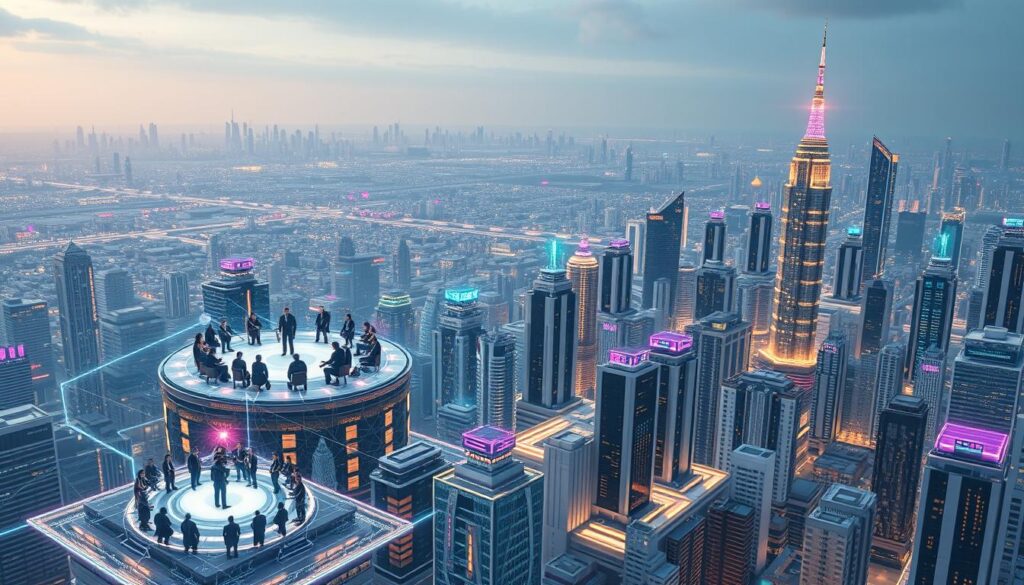 A visionary cityscape of a decentralized digital ecosystem, where autonomous governing bodies emerge from the convergence of blockchain, AI, and collective intelligence. In the foreground, a holographic council of diverse stakeholders - developers, users, and community leaders - deliberate over smart contract protocols and community treasury allocations. In the middle ground, clusters of skyscrapers adorned with dynamic data visualizations and neon-lit facades symbolize the transparent, self-executing nature of Web3 governance. The background is a panoramic vista of towering towers, interlinked by a vast mesh network of distributed servers, each node a testament to the resilience and scalability of this new era of decentralized governance. A visionary cityscape of a decentralized digital ecosystem, where autonomous governing bodies emerge from the convergence of blockchain, AI, and collective intelligence. In the foreground, a holographic council of diverse stakeholders - developers, users, and community leaders - deliberate over smart contract protocols and community treasury allocations. In the middle ground, clusters of skyscrapers adorned with dynamic data visualizations and neon-lit facades symbolize the transparent, self-executing nature of Web3 governance. The background is a panoramic vista of towering towers, interlinked by a vast mesh network of distributed servers, each node a testament to the resilience and scalability of this new era of decentralized governance.