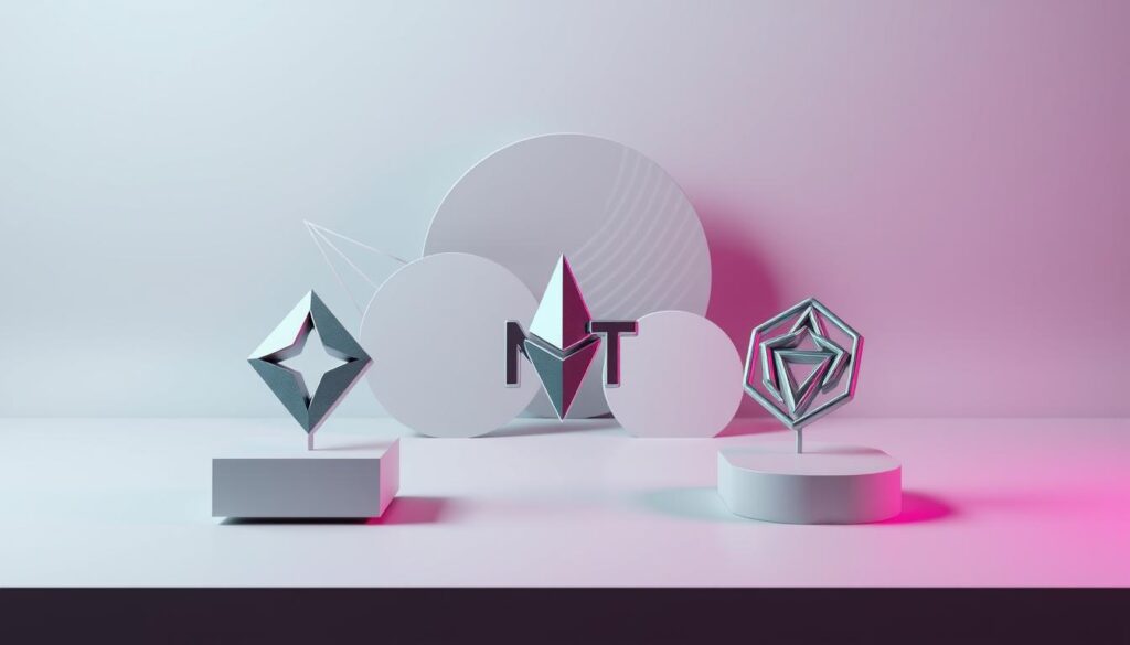 A visually striking comparison of leading NFT staking platforms, depicted in a clean, minimalist style. The foreground showcases three prominent platforms, each represented by their distinct logos rendered in a metallic, three-dimensional aesthetic, arranged in a dynamic, asymmetrical layout. The middle ground features abstract, geometric shapes and patterns in a muted color palette, creating a sense of depth and balance. The background is a sleek, monochromatic gradient, allowing the central elements to take center stage and providing a sophisticated, professional atmosphere. Balanced lighting casts subtle shadows, enhancing the sense of dimensionality. The overall composition conveys a sense of authority, innovation, and the lucrative potential of NFT staking for passive cryptocurrency earnings.
