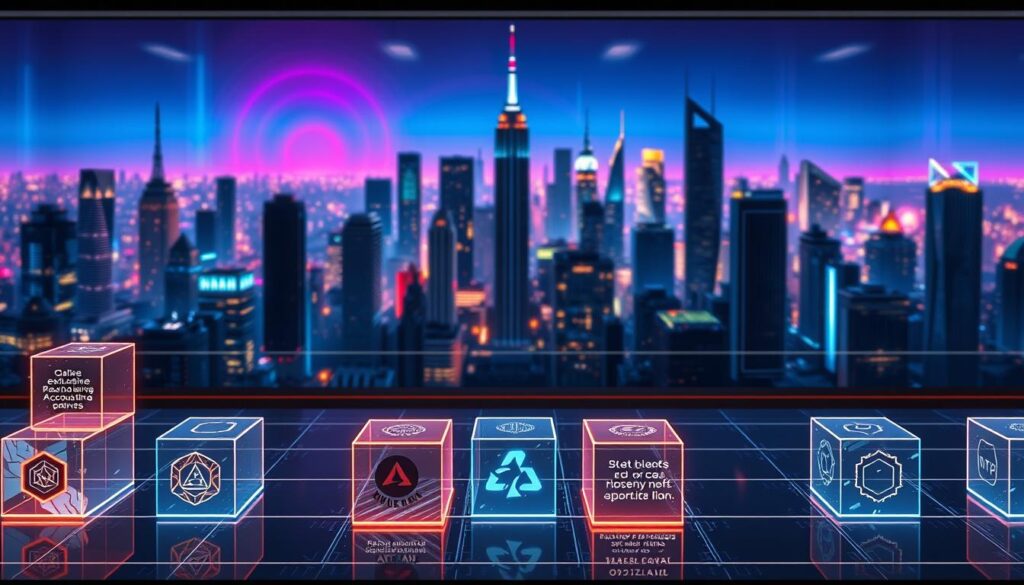 A visually striking comparison of perks offered by various NFT projects, showcased against a sleek, futuristic backdrop. The foreground features a grid-like arrangement of holographic cubes, each representing a different NFT project and its unique benefits, such as exclusive access, special rewards, and real-world utilities. The middle ground depicts a stylized cityscape with towering skyscrapers, hinting at the integration of these NFT projects within the urban landscape. The background is dominated by a vibrant, neon-infused skyline, conveying a sense of technological advancement and innovation. The overall composition is highly polished, with a cinematic lighting setup that casts dramatic shadows and highlights the intricate details of the scene.