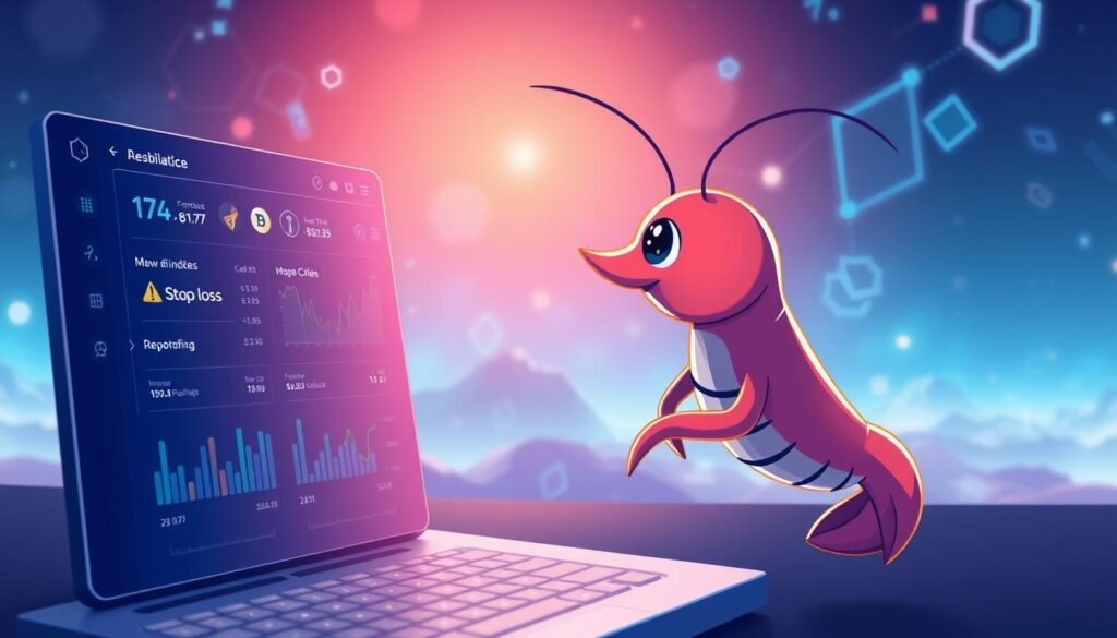 A visually striking digital illustration depicting the key automation features of the Shrimpy crypto portfolio management platform. In the foreground, a close-up view of a stylized shrimp character interacting with a sleek, minimalist user interface, showcasing intuitive controls for rebalancing, indexing, and stop-loss functions. The middle ground features a dynamic data visualization of cryptocurrency prices and portfolio metrics, rendered in a cool, futuristic color palette. In the background, a hazy, ethereal landscape of blockchain-inspired geometric shapes and gradients, suggesting the platform's seamless integration with the digital asset ecosystem. The overall composition conveys a sense of advanced automation, financial empowerment, and the intersection of technology and personal finance.