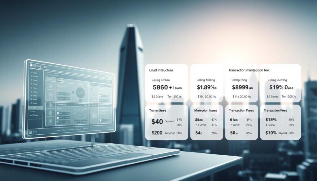 A visually striking image of the fee structures of leading NFT marketplaces. In the foreground, a detailed wireframe model of a digital marketplace platform, its various components and menu options clearly visible. In the middle ground, a series of interactive infographics illustrating the breakdown of minting, listing, and transaction fees across different marketplaces, presented in a clean, data-driven style. The background features a sleek, minimalist cityscape with futuristic skyscrapers, casting a cool, technological ambiance over the scene. Subtle lighting and depth of field create a sense of depth and professionalism. The overall composition conveys the complex yet accessible nature of NFT marketplace fee structures.