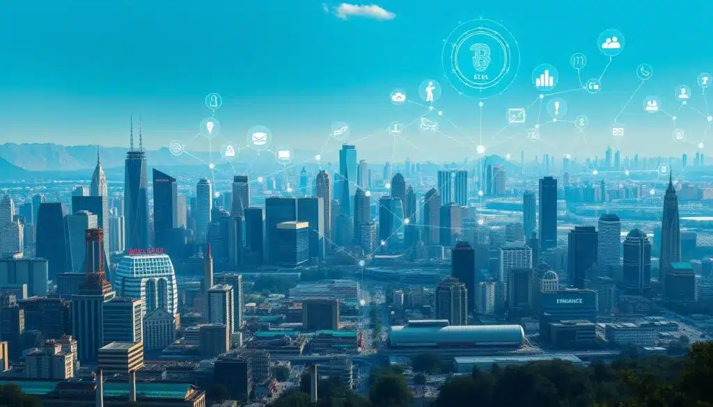 A visually striking panoramic scene depicting a diverse range of industries and their key use cases for artificial intelligence and blockchain data analysis. The foreground showcases a bustling city skyline with towering skyscrapers, factories, and research labs. The middle ground features various business operations like healthcare, finance, retail, and transportation, each represented by iconic symbols and infographic elements. The background gradually transitions into a futuristic landscape with floating holographic displays, interconnected smart devices, and a vibrant color palette of blues, greens, and golds, conveying a sense of technological innovation and progress. Detailed, high-resolution, cinematic lighting, and a wide-angle lens capture the dynamic and multi-layered nature of the use cases across industries.