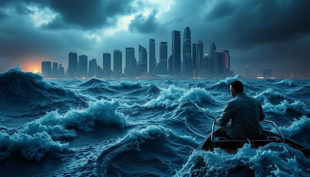 A volatile crypto market landscape with a roiling sea of digital assets, casting shadows of volatility and uncertainty. In the foreground, a lone trader navigates the treacherous waves, scrutinizing charts and analyzing data, mindful of the hype cycles and the need for diligent risk assessment. The middle ground is a panorama of blockchain-powered platforms, their tokens in a state of flux, reflecting the high-stakes, high-risk nature of this emerging financial ecosystem. The background is a towering, ominous skyline of skyscrapers, representing the institutional forces shaping the future of this dynamic market. Dramatic lighting and a moody, foreboding atmosphere convey the gravity of the decisions that must be made in this volatile, unpredictable domain.