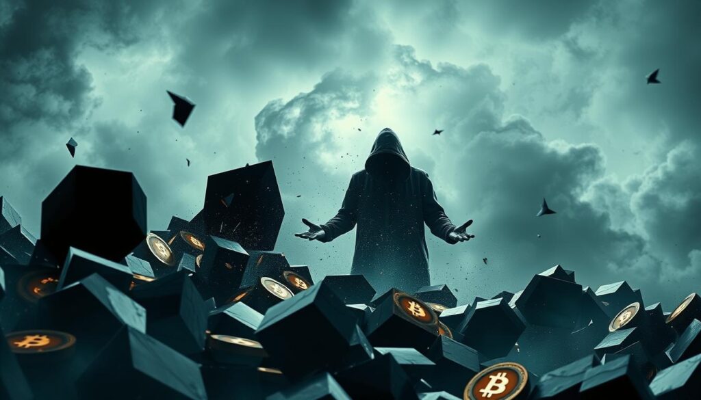 A volatile financial landscape, captured in a dynamic, high-contrast scene. In the foreground, jagged, angular shapes representing fluctuating cryptocurrency prices crash and collide, their edges glowing with an unsettling energy. The middle ground features a shadowy, mysterious figure, hands outstretched, attempting to navigate the treacherous market. The background is a swirling, atmospheric mix of stormy grays and blues, hinting at the unpredictable nature of the cryptocurrency market. Dramatic lighting casts harsh shadows, emphasizing the tension and uncertainty. The overall composition conveys a sense of volatility, rapid change, and the challenges of managing risk in this dynamic financial environment.