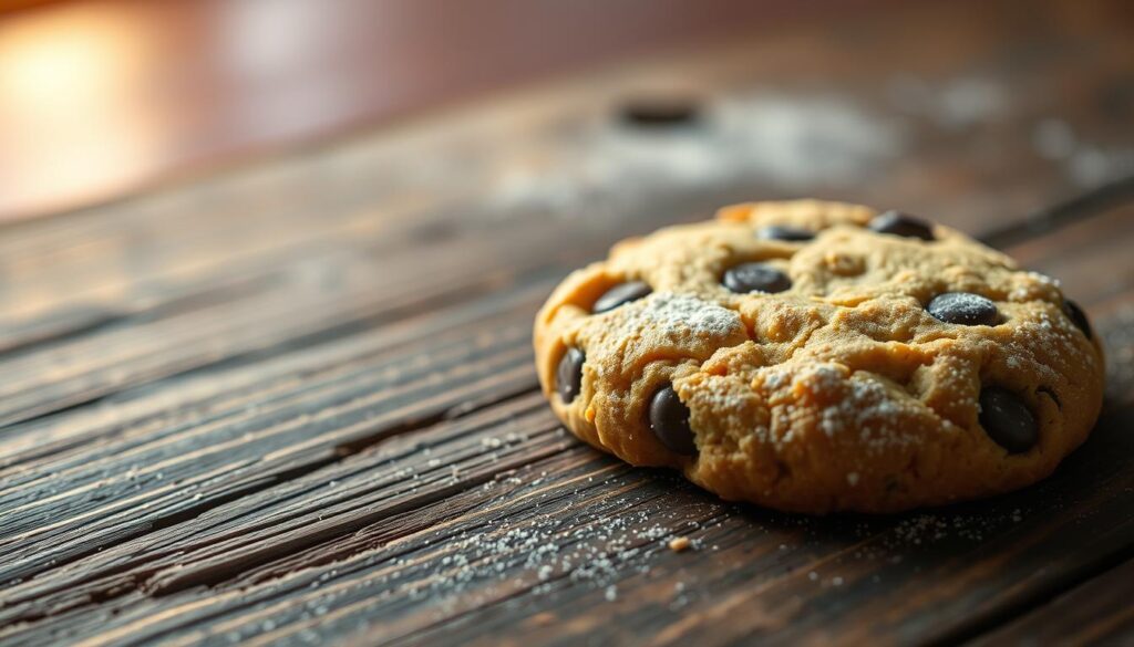 A warm, freshly baked cookie, resting on a rustic wooden table. The golden-brown exterior glistens under soft, warm lighting, hinting at the irresistible, gooey center. Flecks of chocolate chips and a dusting of powdered sugar add a tempting contrast. The cookie's enticing aroma fills the air, evoking nostalgia and the comforting feeling of home. The scene is captured from a low angle, emphasizing the cookie's inviting presence, as if beckoning the viewer to take a bite. This image perfectly encapsulates the notion of risk, regulation, and the sweet indulgence that investors should consider when navigating the crypto market.