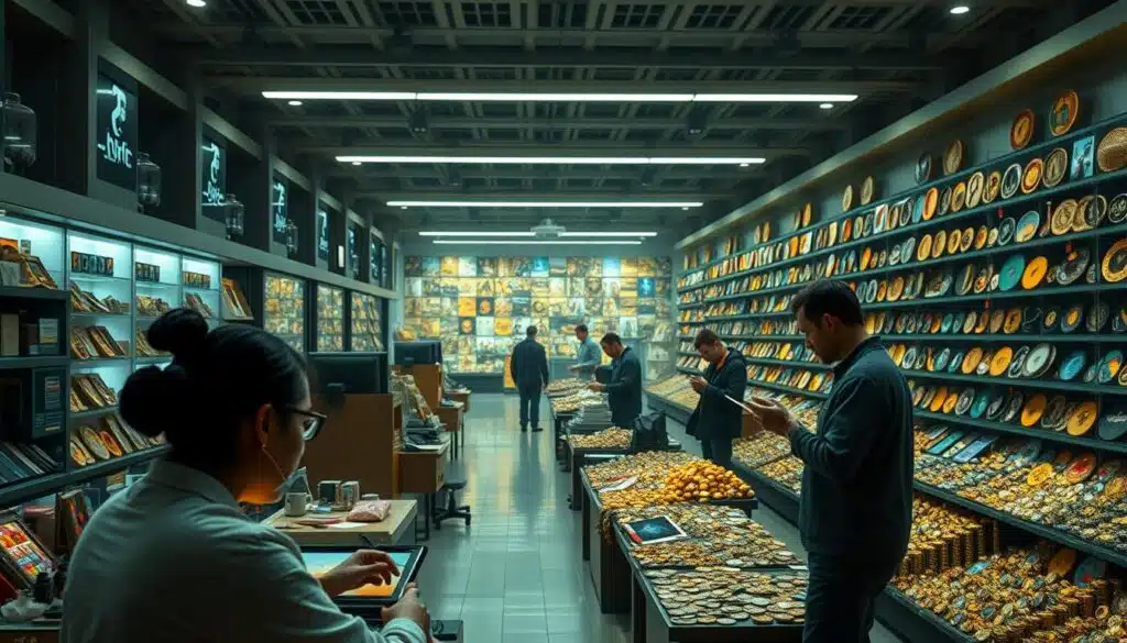 A well-lit and expansive NFT marketplace, with a sleek and modern interface. In the foreground, a digital artist crafting a unique NFT, their face illuminated by the glow of their computer screen. In the middle ground, a group of collectors and investors intently studying various NFT collections, analyzing trends and data. In the background, a vast array of digital artworks and collectibles, each with its own distinct style and value proposition. The scene conveys a sense of dynamic activity, as the NFT ecosystem continually evolves, driven by the creative energies of artists and the analytical insights of market participants. A well-lit and expansive NFT marketplace, with a sleek and modern interface. In the foreground, a digital artist crafting a unique NFT, their face illuminated by the glow of their computer screen. In the middle ground, a group of collectors and investors intently studying various NFT collections, analyzing trends and data. In the background, a vast array of digital artworks and collectibles, each with its own distinct style and value proposition. The scene conveys a sense of dynamic activity, as the NFT ecosystem continually evolves, driven by the creative energies of artists and the analytical insights of market participants.
