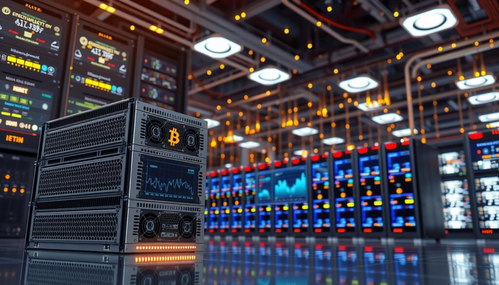 A well-lit, cinematic rendering of bitcoin mining equipment against a backdrop of futuristic data centers and glowing server racks. In the foreground, a stack of powerful ASIC miners, their metal casings gleaming under focused lighting. The midground features a visualization of mining profitability metrics, with charts and graphs displayed on high-resolution screens. The background depicts a sprawling network of interconnected server farms, with twinkling lights and cooling systems creating an atmosphere of technological prowess and innovation. The overall scene conveys the scale, complexity, and potential profitability of AI-optimized crypto mining operations.