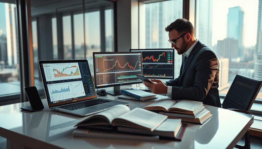 A well-lit, cinematic scene of an investor meticulously examining various financial analysis tools and trading platforms on a sleek, minimalist desk. Soft, warm lighting illuminates the scene, casting subtle shadows that add depth and dimension. In the foreground, an open laptop displays a range of interactive charts, data visualizations, and algorithmic trading interfaces. Surrounding the laptop, an array of strategically placed devices, including a tablet, smartphone, and a pair of high-resolution monitors, showcasing different financial indicators and market insights. In the middle ground, a carefully curated selection of trading manuals, technical analysis textbooks, and market research reports are neatly arranged, reflecting the investor's depth of knowledge and commitment to making informed decisions. The background features a modern, urban setting with floor-to-ceiling windows, providing a glimpse of a bustling financial district outside, emphasizing the importance of choosing the right tools to A well-lit, cinematic scene of an investor meticulously examining various financial analysis tools and trading platforms on a sleek, minimalist desk. Soft, warm lighting illuminates the scene, casting subtle shadows that add depth and dimension. In the foreground, an open laptop displays a range of interactive charts, data visualizations, and algorithmic trading interfaces. Surrounding the laptop, an array of strategically placed devices, including a tablet, smartphone, and a pair of high-resolution monitors, showcasing different financial indicators and market insights. In the middle ground, a carefully curated selection of trading manuals, technical analysis textbooks, and market research reports are neatly arranged, reflecting the investor's depth of knowledge and commitment to making informed decisions. The background features a modern, urban setting with floor-to-ceiling windows, providing a glimpse of a bustling financial district outside, emphasizing the importance of choosing the right tools to