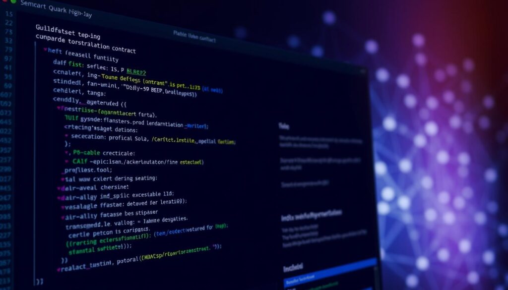 A well-lit, close-up view of a BEP-20 smart contract development environment. In the foreground, a code editor displays the contract's solidity syntax, with key functions and variable declarations highlighted. In the middle ground, a terminal window shows the compilation and deployment process, with status updates and transaction details. The background features a low-poly, abstract blockchain visualization, conveying the underlying decentralized infrastructure. The overall mood is one of technical precision and progress, setting the stage for building a functional, secure token contract.