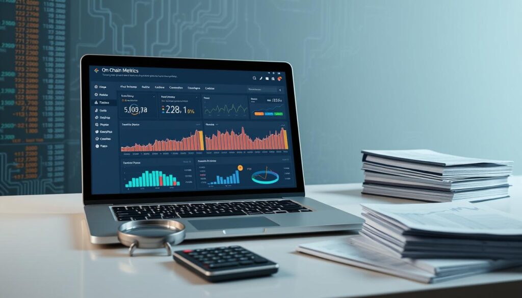 A well-lit, crisp desktop view showcasing a comprehensive on-chain metrics analysis dashboard. In the foreground, a sleek laptop displays a visually striking interface with interactive charts, graphs, and data visualizations. The middle ground features analytical tools, including a magnifying glass, calculator, and a stack of financial reports. The background subtly blends technology and financial cues, such as circuit boards, stock tickers, and a muted color palette of blues and grays, conveying a sense of data-driven decision-making and insightful crypto market analysis.
