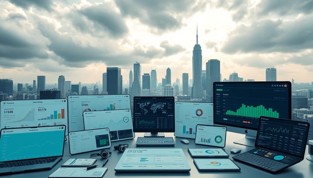 A well-lit, high-resolution, detailed scene showcasing an array of digital finance tools and platforms for U.S. users. In the foreground, an assortment of sleek, modern interfaces and dashboards for DeFi protocols, yield farming, and investment management. In the middle ground, various analytical tools, data visualization widgets, and portfolio tracking software. In the background, a minimalist urban landscape with skyscrapers and a cloudy, but bright sky, conveying a sense of technological progress and innovation. The overall mood is one of sophistication, efficiency, and accessibility in the world of decentralized finance.