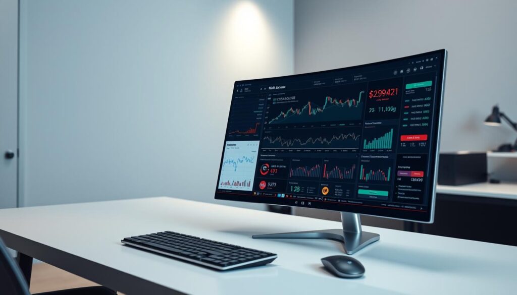 A well-lit, high-resolution image of a comprehensive crypto risk management dashboard on a modern, minimalist desktop. In the foreground, a sleek, curved computer monitor displays real-time risk metrics, volatility charts, and algorithmic trading signals. In the middle ground, a keyboard and mouse rest on a clean, uncluttered workspace, hinting at the precision and control required for effective risk management. The background showcases a serene, professional office setting with muted tones and clean lines, conveying a sense of focus, security, and expertise. Soft, directional lighting casts a subtle glow across the scene, elevating the technological sophistication and gravity of the task at hand.