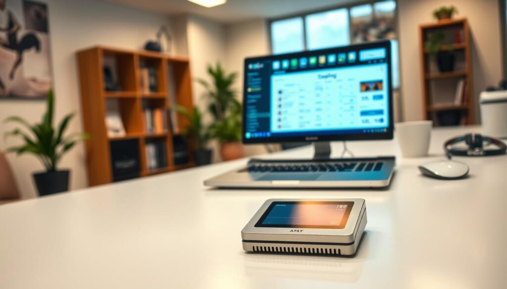 A well-lit, high-resolution image of a professional-grade staking wallet setup. In the foreground, a sleek hardware wallet device with a minimalist design sits on a clean, modern desk. The wallet's display shows a clear user interface, indicating an active staking session. In the middle ground, a laptop or desktop computer displays the staking dashboard, with detailed transaction history and staking metrics. The background features a serene, out-of-focus office environment, with bookshelves or potted plants providing a sense of professionalism and focus. The overall scene conveys a sense of secure, efficient, and well-organized blockchain staking operations. A well-lit, high-resolution image of a professional-grade staking wallet setup. In the foreground, a sleek hardware wallet device with a minimalist design sits on a clean, modern desk. The wallet's display shows a clear user interface, indicating an active staking session. In the middle ground, a laptop or desktop computer displays the staking dashboard, with detailed transaction history and staking metrics. The background features a serene, out-of-focus office environment, with bookshelves or potted plants providing a sense of professionalism and focus. The overall scene conveys a sense of secure, efficient, and well-organized blockchain staking operations.