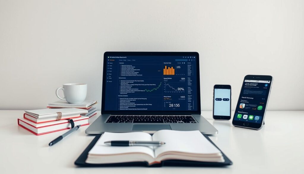 A well-lit, high-resolution image of various keyword research tools neatly arranged on a clean, minimalist workspace. In the foreground, a laptop displays a screen filled with keyword data and analytics. Beside it, a stack of notebooks, a pen, and a cup of coffee. In the middle ground, a smartphone and a tablet showcase different keyword research apps. The background is a simple, light-colored wall, creating a calm and focused atmosphere to represent the importance of thorough keyword research for NFT projects.