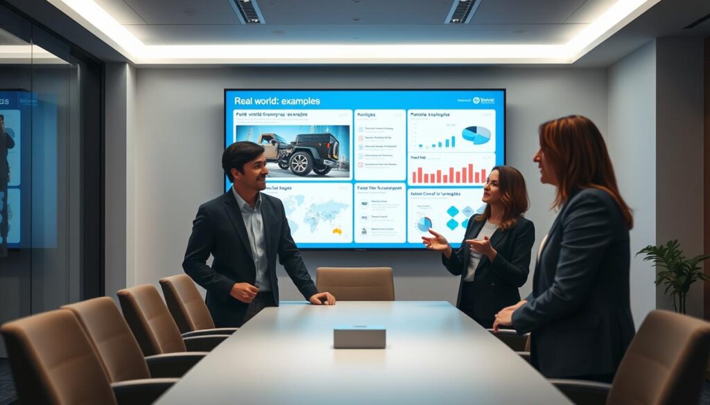 A well-lit office scene with two people discussing case studies displayed on a large wall-mounted screen. The foreground features two professionals in business attire, engaged in a collaborative discussion, their expressions focused and attentive. In the middle ground, a sleek, modern conference table surrounded by comfortable chairs. The background showcases a vibrant, high-resolution display presenting real-world examples and data visualizations, illuminated by soft, directional lighting. The overall mood is one of productive, insightful problem-solving, with a sense of professionalism and attention to detail. A well-lit office scene with two people discussing case studies displayed on a large wall-mounted screen. The foreground features two professionals in business attire, engaged in a collaborative discussion, their expressions focused and attentive. In the middle ground, a sleek, modern conference table surrounded by comfortable chairs. The background showcases a vibrant, high-resolution display presenting real-world examples and data visualizations, illuminated by soft, directional lighting. The overall mood is one of productive, insightful problem-solving, with a sense of professionalism and attention to detail.