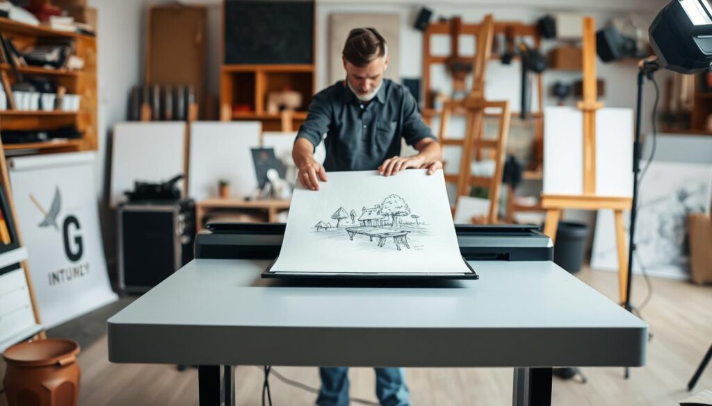 A well-lit studio setup with a flatbed scanner positioned prominently in the foreground. In the middle ground, an artist carefully places a physical painting or sketch onto the scanner bed, preparing to digitize the artwork. The background features an array of art supplies, easels, and various creative tools, conveying a sense of a dedicated workspace for the digitization process. The lighting is soft and diffused, creating a warm, professional atmosphere. The overall mood is one of focused attention and anticipation as the artist embarks on the digital transformation of their physical art.