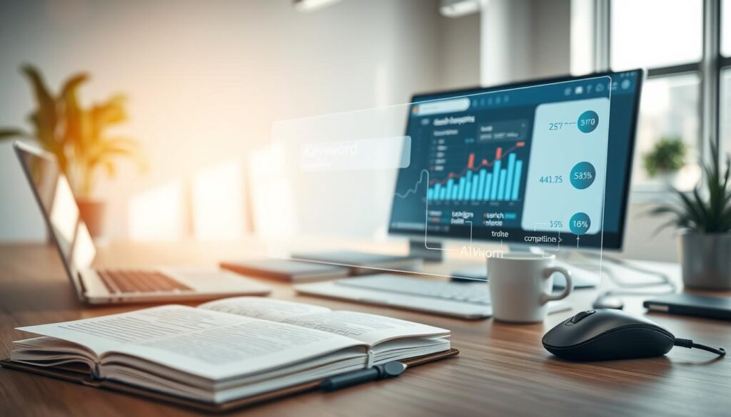 A well-lit workspace showcases a variety of AI-powered keyword research tools, including a sleek laptop, a large desktop monitor displaying search analytics, and an array of smart devices. The foreground features an open notebook with handwritten notes, a cup of coffee, and a designer mouse. In the middle ground, a 3D holographic interface projects a visual representation of keyword trends, search volume, and competition. The background blurs softly, revealing a modern, minimalist office setting with natural lighting streaming through large windows. The overall atmosphere conveys a sense of productivity, innovation, and a deep understanding of leveraging AI to drive effective keyword research. A well-lit workspace showcases a variety of AI-powered keyword research tools, including a sleek laptop, a large desktop monitor displaying search analytics, and an array of smart devices. The foreground features an open notebook with handwritten notes, a cup of coffee, and a designer mouse. In the middle ground, a 3D holographic interface projects a visual representation of keyword trends, search volume, and competition. The background blurs softly, revealing a modern, minimalist office setting with natural lighting streaming through large windows. The overall atmosphere conveys a sense of productivity, innovation, and a deep understanding of leveraging AI to drive effective keyword research.