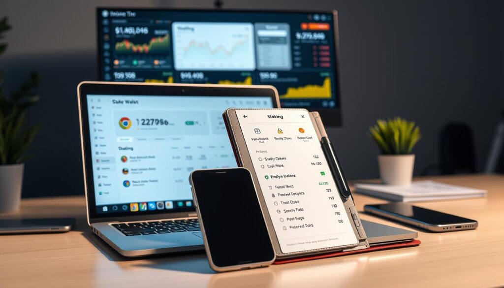 A well-lit workspace with a laptop, smartphone, and a sleek, modern cryptocurrency wallet prominently displayed. The wallet is open, revealing a clean user interface and various staking options. In the background, a large monitor displays detailed staking analytics and performance data. The scene conveys a sense of professionalism, financial security, and technological sophistication. Crisp, high-resolution photography with a shallow depth of field, highlighting the key elements. The overall atmosphere is one of confidence, control, and a deep understanding of the complexities of cryptocurrency staking.