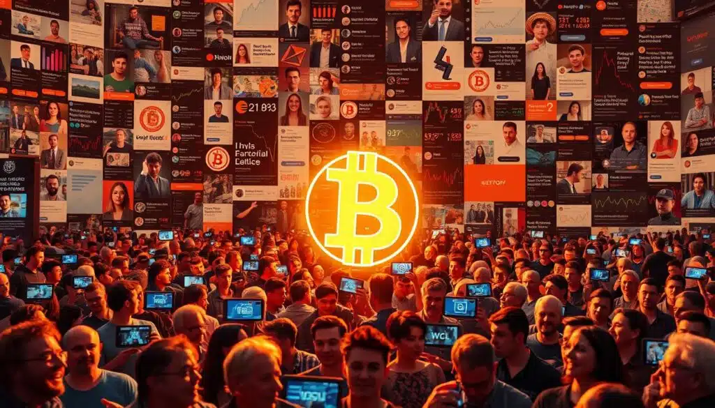 A wide-angle shot of a bustling social media platform, with a prominent cryptocurrency logo glowing in the center, surrounded by a sea of digital interactions and engagement metrics. The foreground features a diverse cast of digital avatars, each one a unique representation of the crypto enthusiast community, their expressions and gestures conveying the thrill and volatility of the markets. In the background, a mosaic of news headlines, financial charts, and real-time market data creates a sense of the ever-evolving crypto landscape, shaped by the powerful influence of social media. Warm, vibrant lighting illuminates the scene, underscoring the dynamic, constantly shifting nature of this digital ecosystem.