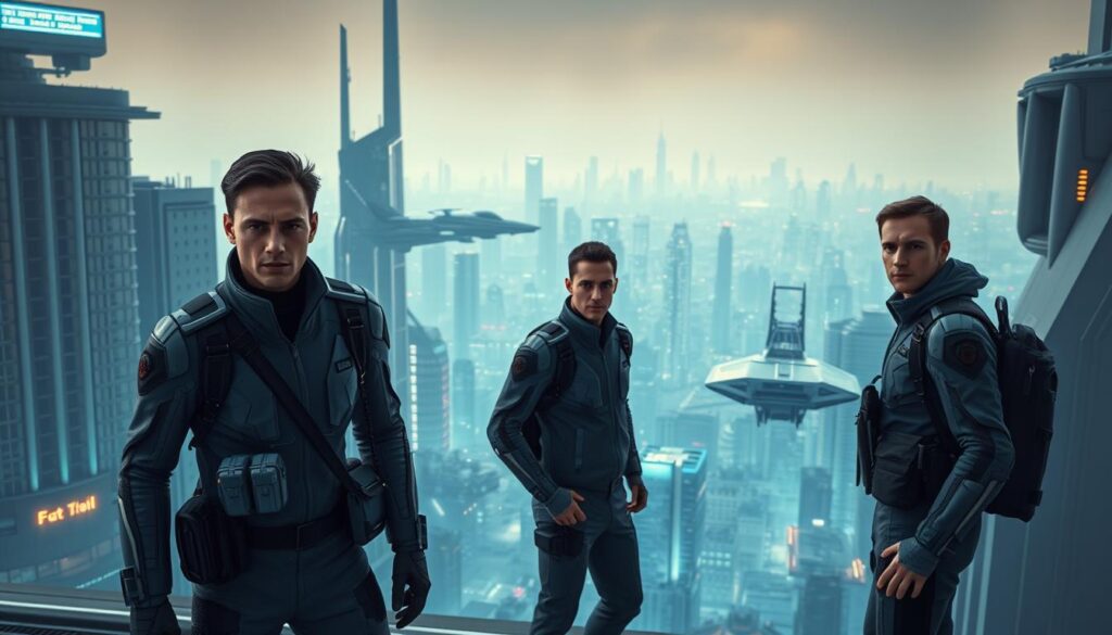 Agents in a futuristic city, standing in the foreground with a determined expression, wearing sleek grey uniforms and carrying advanced tech gadgets. In the middle ground, a complex urban landscape with towering skyscrapers and hovering vehicles, bathed in a cool, blue-tinged lighting. In the background, a hazy, neon-lit skyline stretching to the horizon, conveying a sense of advanced technology and innovation. The scene should have a sense of dynamism and purpose, reflecting the future-oriented nature of the Fetch.ai FET token and its use cases.