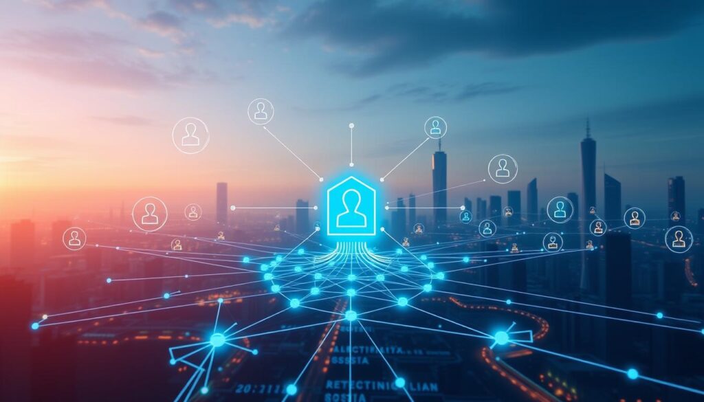 An advanced cybersecurity landscape with a central blockchain identity hub, connected to various real-world organizations and digital services. In the foreground, secure data exchange and user authentication using blockchain-based digital identities. In the middle ground, an intricate network of nodes and encrypted communication channels. In the background, silhouettes of skyscrapers and a futuristic city skyline, illuminated by a soft, ambient glow. The overall atmosphere conveys a sense of trust, transparency and technological sophistication in digital identity management.