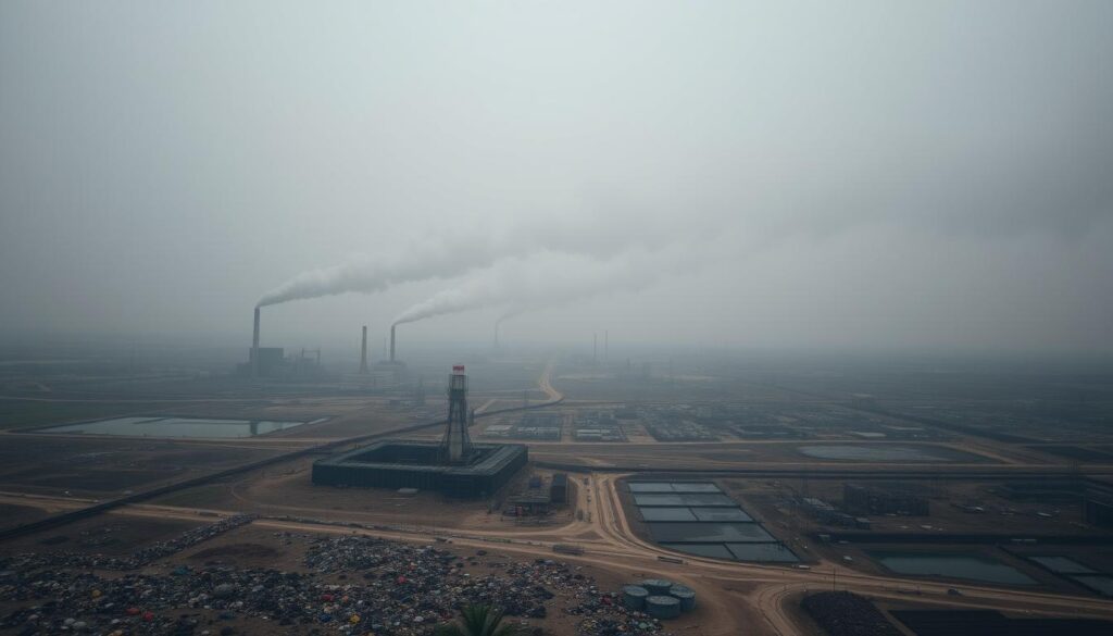 An aerial view of a sprawling industrial landscape, with towering smokestacks belching thick, dark plumes of pollution into a hazy, oppressive sky. In the foreground, a barren, ravaged landscape dotted with discarded tires, plastic waste, and toxic sludge pools. The middle ground features a network of crumbling infrastructure, rusting pipelines, and abandoned factories, while the distant horizon is obscured by a thick, choking smog. The scene conveys a sense of environmental degradation, the heavy toll of unchecked industrialization, and the urgent need for sustainable practices and technological solutions to mitigate the risks and constraints of our current trajectory.