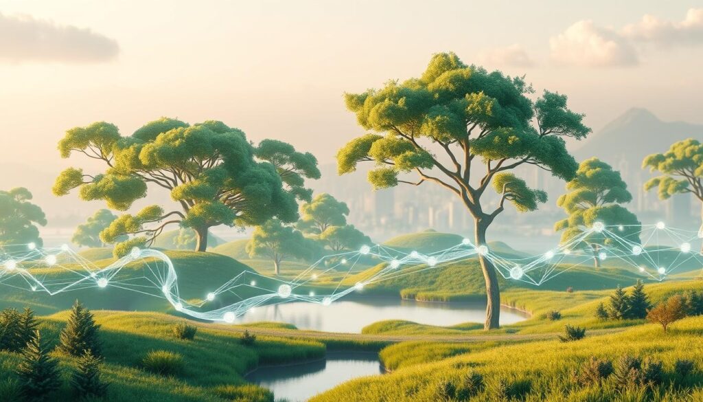 An airy, serene digital landscape showcasing the harmony between technology and nature. In the foreground, a glowing, ethereal representation of a sustainable blockchain network, its transactions visualized as shimmering, flowing data streams. Surrounding it, a lush, verdant environment with towering, digitally-rendered trees and a tranquil, reflective pond. Soft, warm lighting bathes the scene, creating a calming, eco-friendly atmosphere. In the background, a distant, low-poly cityscape symbolizes the integration of green infrastructure and clean energy. The overall impression evokes a future where digital assets and blockchain technology coexist in perfect environmental balance.