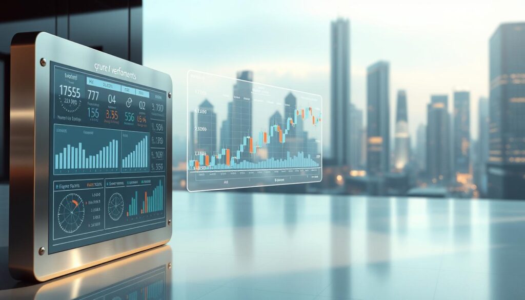 An elegant, 3D rendered image showcasing the core benefits of AI-powered cryptocurrency trading algorithms. The foreground features a polished metal and glass display panel, highlighting key performance metrics and trading insights. The middle ground showcases a holographic projection of analytical charts, candlestick patterns, and market trends. The background depicts a futuristic cityscape with gleaming skyscrapers, hinting at the scale and sophistication of the crypto markets. Soft, diffused lighting creates a sense of depth and atmosphere, while strategic camera angles emphasize the sleek, high-tech aesthetic. The overall composition conveys the power, precision, and potential of AI-driven crypto trading solutions.