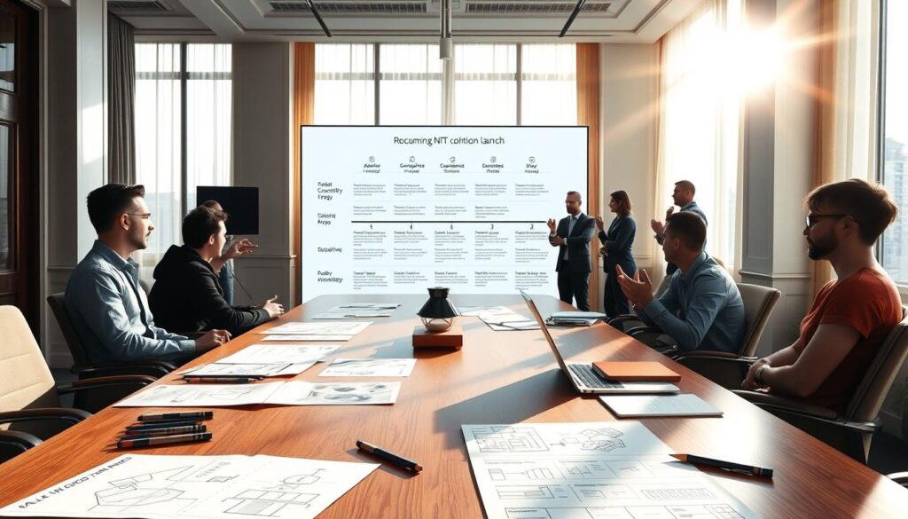 An elegant conference room, sunlight streaming through tall windows. In the foreground, a sleek wooden table is covered in concept sketches, mood boards, and digital mock-ups. Markers, pens, and laptops suggest a team deep in strategic planning. The middle ground showcases a large digital display, projecting a roadmap for an upcoming NFT collection launch - key milestones, release timeline, and marketing strategy. In the background, a team of creatives and developers brainstorm, gesticulating passionately. The overall atmosphere is one of focused intensity, as the group works to refine every aspect of their NFT drop, from artwork to community engagement. An elegant conference room, sunlight streaming through tall windows. In the foreground, a sleek wooden table is covered in concept sketches, mood boards, and digital mock-ups. Markers, pens, and laptops suggest a team deep in strategic planning. The middle ground showcases a large digital display, projecting a roadmap for an upcoming NFT collection launch - key milestones, release timeline, and marketing strategy. In the background, a team of creatives and developers brainstorm, gesticulating passionately. The overall atmosphere is one of focused intensity, as the group works to refine every aspect of their NFT drop, from artwork to community engagement.