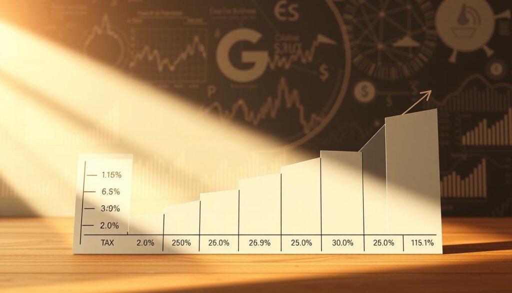 An elegant graph depicting capital gains tax rates, set against a backdrop of sleek financial charts and symbols. The foreground features a clean, minimalist design with clearly labeled tax brackets and percentages, rendered in a soft, muted color palette to convey a sense of precision and authority. The middle ground showcases subtly textured surfaces, suggesting the complexity of tax regulations, while the background is filled with abstract, geometric patterns that evoke the interconnected nature of financial systems. Warm, directional lighting casts subtle shadows, lending depth and dimensionality to the composition. The overall mood is one of professionalism, clarity, and a touch of sophistication, perfectly suited to illustrate the section on "Understanding Capital Gains and NFT Taxation".