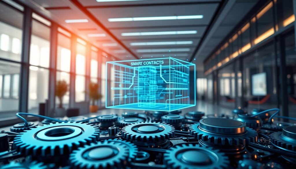 An enterprise blockchain network with smart contracts automation. In the foreground, a series of interlocked gears and circuitry representing the automated execution of programmable contracts. In the middle ground, a three-dimensional holographic display showcasing a decentralized, permission-based blockchain infrastructure. In the background, a sleek, high-tech corporate office setting with floor-to-ceiling windows bathed in soft, directional lighting. The overall atmosphere conveys a sense of efficiency, innovation, and secure, streamlined digital transactions within an enterprise-grade blockchain solution. An enterprise blockchain network with smart contracts automation. In the foreground, a series of interlocked gears and circuitry representing the automated execution of programmable contracts. In the middle ground, a three-dimensional holographic display showcasing a decentralized, permission-based blockchain infrastructure. In the background, a sleek, high-tech corporate office setting with floor-to-ceiling windows bathed in soft, directional lighting. The overall atmosphere conveys a sense of efficiency, innovation, and secure, streamlined digital transactions within an enterprise-grade blockchain solution.