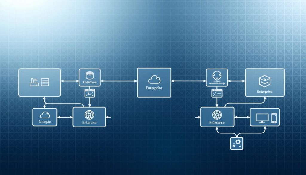 An enterprise software architecture schematic, rendered in a clean, technical style. In the foreground, a series of interconnected modules and components representing different enterprise systems. In the middle ground, a central hub or gateway, visualizing the concept of interoperability, with smooth data flows and seamless integrations between the systems. The background features a subtle grid pattern, suggesting the underlying infrastructure and technology stack. The lighting is soft and uniform, creating a sense of clarity and precision. The overall tone is one of efficiency, connectivity, and the harmonious integration of complex enterprise-level solutions.