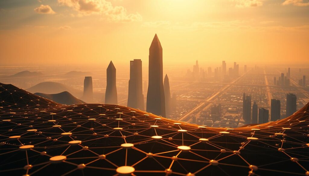 An evolution of blockchain layer solutions, depicted through a striking digital landscape. In the foreground, a series of interconnected hexagonal structures represent the core blockchain layer, surrounded by a fluid network of lines and shapes symbolizing the growth of scalability solutions. In the middle ground, towering monolithic structures emerge, casting shadows that signify the rise of layer-two protocols such as Ethereum's Plasma, Lightning Network, and Polygon. The background features a panoramic view of a futuristic cityscape, its skyscrapers and infrastructure hinting at the integration of these layer-two innovations into the broader blockchain ecosystem. Warm lighting casts a glow over the scene, conveying a sense of progress and technological advancement. The overall composition is sleek, dynamic, and visually captivating, reflecting the rapid evolution of the blockchain industry. An evolution of blockchain layer solutions, depicted through a striking digital landscape. In the foreground, a series of interconnected hexagonal structures represent the core blockchain layer, surrounded by a fluid network of lines and shapes symbolizing the growth of scalability solutions. In the middle ground, towering monolithic structures emerge, casting shadows that signify the rise of layer-two protocols such as Ethereum's Plasma, Lightning Network, and Polygon. The background features a panoramic view of a futuristic cityscape, its skyscrapers and infrastructure hinting at the integration of these layer-two innovations into the broader blockchain ecosystem. Warm lighting casts a glow over the scene, conveying a sense of progress and technological advancement. The overall composition is sleek, dynamic, and visually captivating, reflecting the rapid evolution of the blockchain industry.