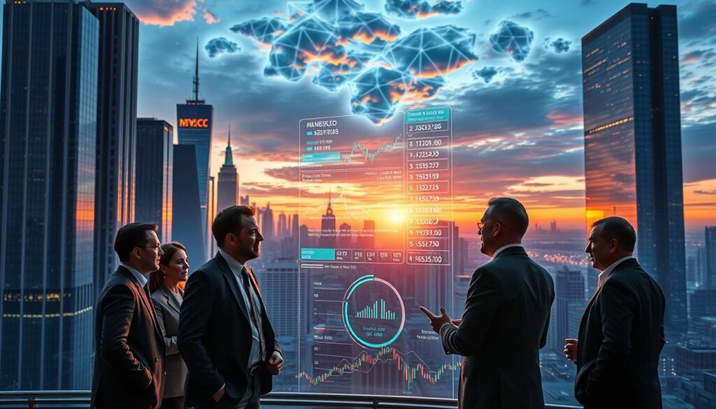 An expansive and futuristic cityscape, its towering skyscrapers and gleaming glass facades bathed in the warm glow of sunset. In the foreground, a group of business professionals, dressed in tailored suits, animatedly discussing the latest cryptocurrency trends, their expressions reflecting a mix of excitement and contemplation. The middle ground is occupied by a series of holographic displays, projecting real-time market data and blockchain transactions, casting an ethereal, neon-tinged light across the scene. In the background, a network of interconnected servers and data centers, the heart of the institutional cryptocurrency infrastructure, pulsing with digital energy. The overall atmosphere conveys a sense of innovation, progress, and the growing influence of digital assets in the financial world. An expansive and futuristic cityscape, its towering skyscrapers and gleaming glass facades bathed in the warm glow of sunset. In the foreground, a group of business professionals, dressed in tailored suits, animatedly discussing the latest cryptocurrency trends, their expressions reflecting a mix of excitement and contemplation. The middle ground is occupied by a series of holographic displays, projecting real-time market data and blockchain transactions, casting an ethereal, neon-tinged light across the scene. In the background, a network of interconnected servers and data centers, the heart of the institutional cryptocurrency infrastructure, pulsing with digital energy. The overall atmosphere conveys a sense of innovation, progress, and the growing influence of digital assets in the financial world.