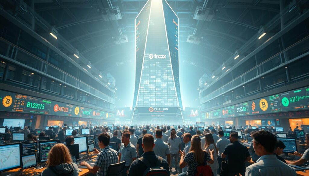 An expansive, bustling crypto token marketplace, with a vibrant array of digital currencies and blockchain-based assets trading in a dynamic, high-tech environment. The foreground features a cluster of virtual trading terminals, their screens displaying real-time price movements and trade volume data. In the middle ground, a diverse crowd of investors, analysts, and developers engage in lively discussions, gesturing animatedly as they assess market trends. The background is dominated by a towering, futuristic digital exchange building, its sleek, reflective facade casting an ethereal glow over the scene. Bright, diffused lighting creates a sense of energy and excitement, while a slightly hazy, almost holographic effect suggests the cutting-edge, digital nature of the token economy.