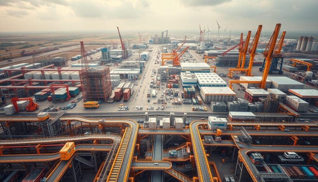 An expansive industrial landscape, with towering factories, bustling logistics hubs, and state-of-the-art research facilities. In the foreground, a complex network of conveyor belts, robotic arms, and high-tech sensors, efficiently coordinating the flow of goods and data. The middle ground features a diverse array of industry icons - oil rigs, wind turbines, pharmaceutical labs, and smart city infrastructure. Bathed in a warm, golden light, the scene evokes a sense of progress and innovation, with a dynamic camera angle capturing the scale and interconnectedness of modern industry. The overall mood is one of technological advancement, economic dynamism, and the promise of a future powered by cutting-edge applications across multiple sectors. An expansive industrial landscape, with towering factories, bustling logistics hubs, and state-of-the-art research facilities. In the foreground, a complex network of conveyor belts, robotic arms, and high-tech sensors, efficiently coordinating the flow of goods and data. The middle ground features a diverse array of industry icons - oil rigs, wind turbines, pharmaceutical labs, and smart city infrastructure. Bathed in a warm, golden light, the scene evokes a sense of progress and innovation, with a dynamic camera angle capturing the scale and interconnectedness of modern industry. The overall mood is one of technological advancement, economic dynamism, and the promise of a future powered by cutting-edge applications across multiple sectors.