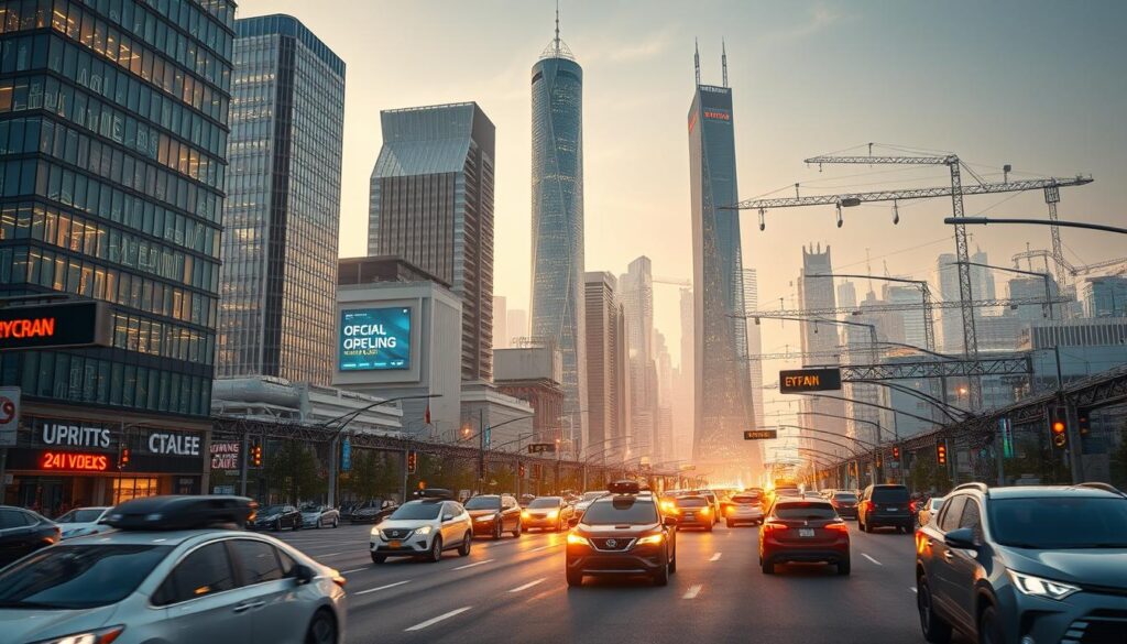 An expansive scene of real-world AI applications in a crisp, high-resolution cityscape. In the foreground, autonomous vehicles navigate bustling streets, their sensors scanning the environment. In the middle ground, towering skyscrapers are adorned with intelligent building systems, their windows glowing with data visualizations. In the background, a sprawling network of smart infrastructure - traffic lights, utility grids, and surveillance cameras - all interconnected and optimized by advanced AI algorithms. The scene is bathed in warm, diffused lighting, creating a sense of technological harmony and progress. The composition emphasizes the seamless integration of AI into the fabric of modern urban life.
