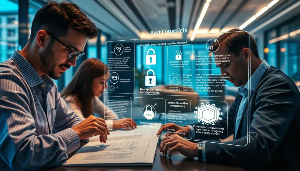 An expertly-crafted, high-quality image showcasing the best practices for machine learning smart contract audits. The foreground depicts a team of analysts poring over complex code, expressions focused as they meticulously inspect every line. The middle ground features a holographic display outlining key security considerations, intricate algorithms, and visualization tools. In the background, a sleek, futuristic office setting with floor-to-ceiling windows, modern furnishings, and a subtle glow from ambient lighting. The overall scene conveys a sense of diligence, technical sophistication, and a commitment to rigorous, cutting-edge smart contract auditing. An expertly-crafted, high-quality image showcasing the best practices for machine learning smart contract audits. The foreground depicts a team of analysts poring over complex code, expressions focused as they meticulously inspect every line. The middle ground features a holographic display outlining key security considerations, intricate algorithms, and visualization tools. In the background, a sleek, futuristic office setting with floor-to-ceiling windows, modern furnishings, and a subtle glow from ambient lighting. The overall scene conveys a sense of diligence, technical sophistication, and a commitment to rigorous, cutting-edge smart contract auditing.