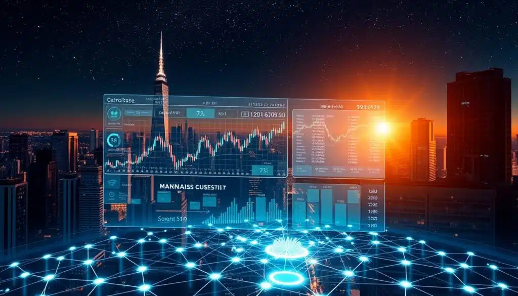 An intricate data visualization against a backdrop of a futuristic cityscape, bathed in a warm glow. In the foreground, a holographic display showcases a dynamic cryptocurrency market dashboard, with real-time charts, graphs, and figures. The middle ground features a network of interconnected digital nodes, pulsing with activity. In the distance, towering skyscrapers and a starry night sky create a sense of scale and grandeur, highlighting the significance of the crypto market data. The overall composition conveys the power, complexity, and global impact of the cryptocurrency ecosystem.